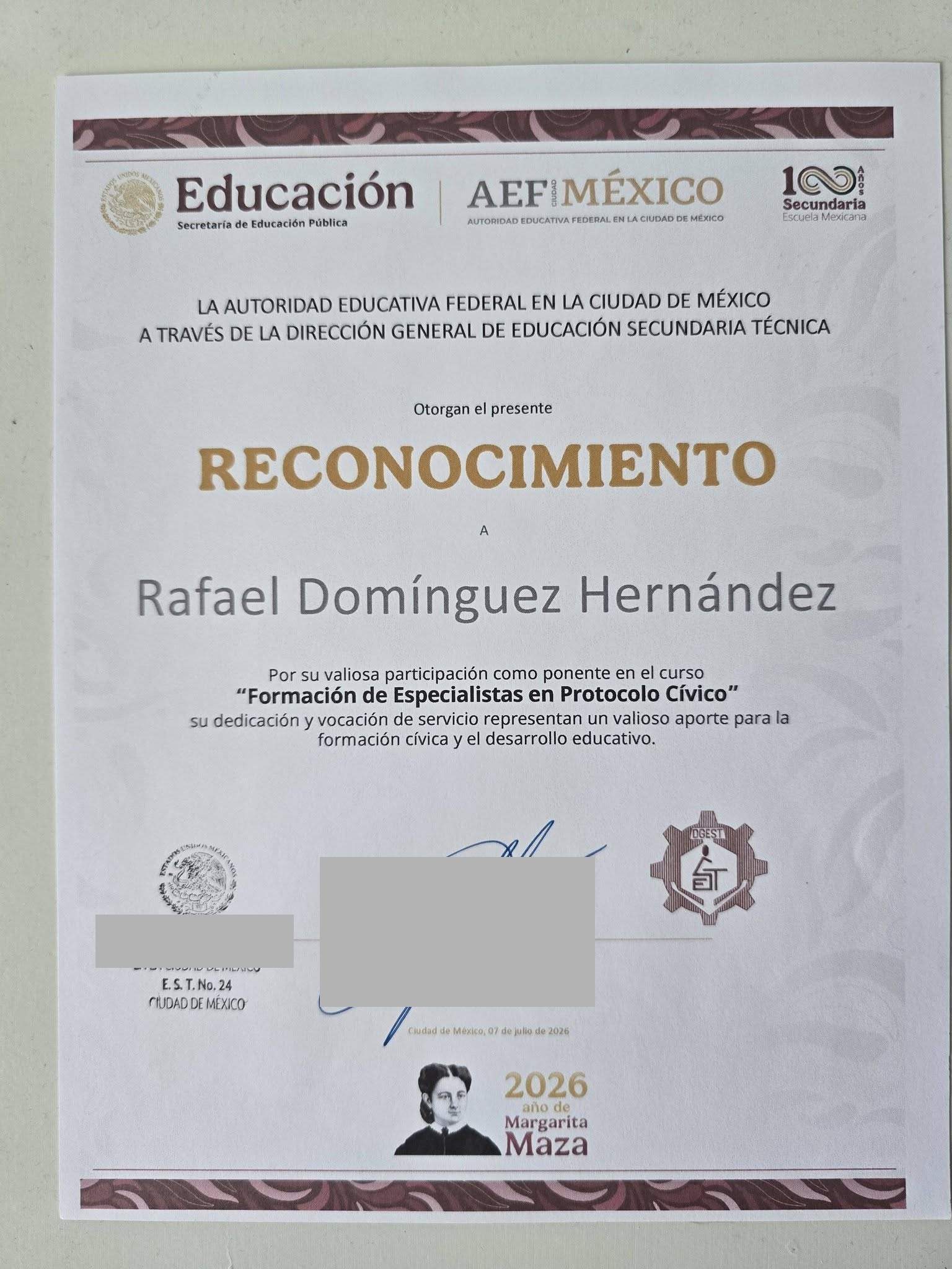 CURSO DE CAPACITACIÓN EN PROTOCOLO CÍVICO PARA PROFESORES DE LAS SECUNDARIAS TÉCNICAS EN LA CDMX